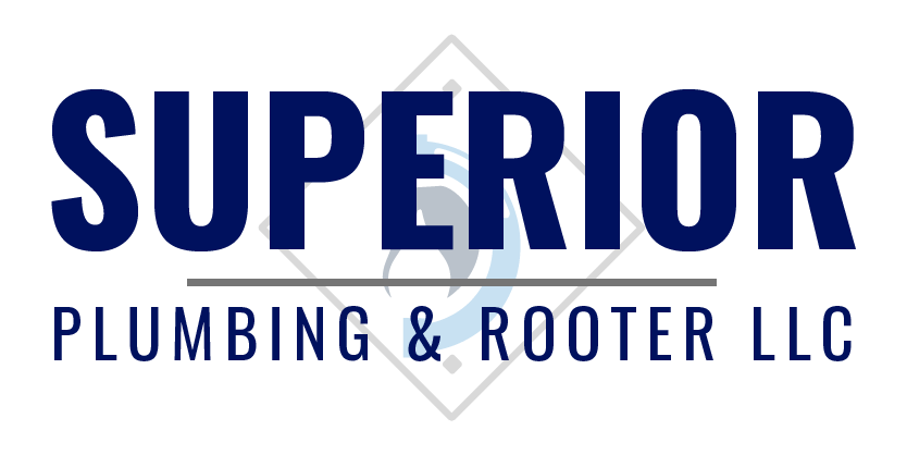 Superior Plumbing & Rooter LLC in navy letters with the water drop logo in the background.