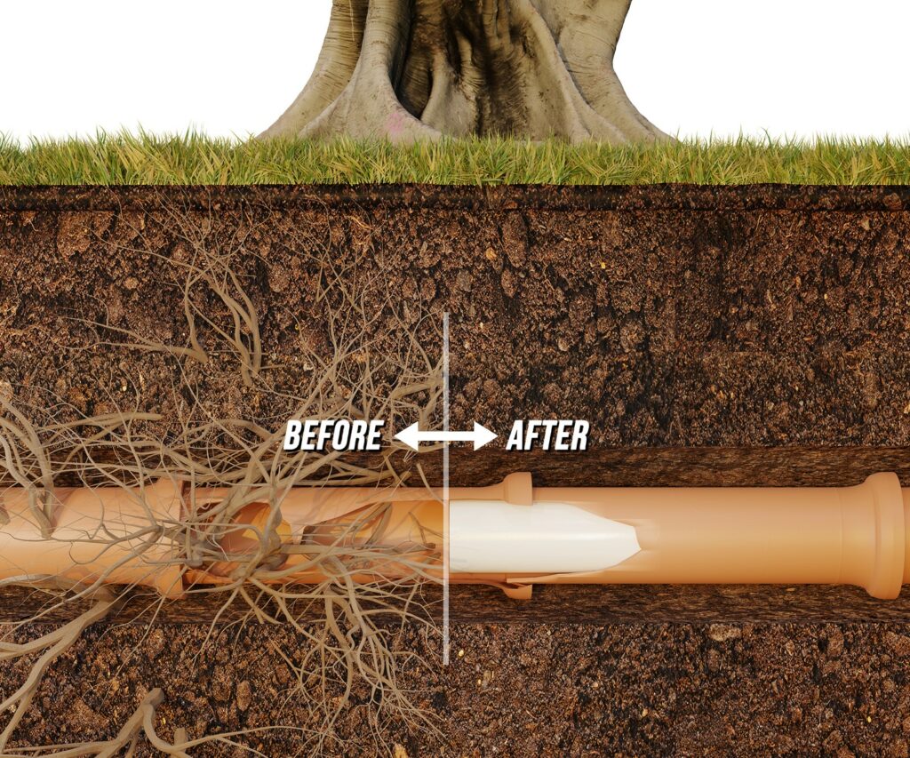 A before and after graphic of tree roots growing through and busting through the sides of a sewer line. The after shows the tree roots are gone and a white liner has filled the broken area.