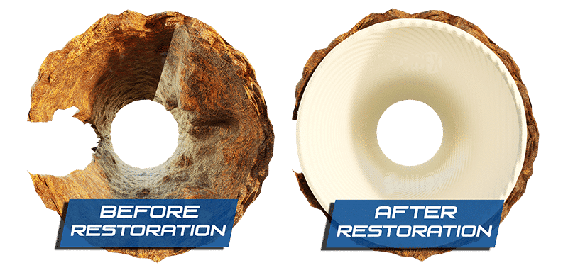 Before and after images of a sewer line repair by Superior Plumbing. The before is just a rusty, cracked shell and the after shows the shell filled with a smooth, white pipe.
